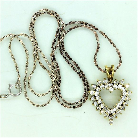 925 STERLING GOLD vermeil heart pendant, cz's, designer signed, 20" chain, 5.5gr - Picture 3 of 8